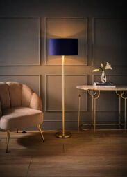 ValueLights Charlie Gold Stem Floor Lamp with Velvet Drum with Gold Inner Lamp Shade in Dark Navy - thumbnail 2