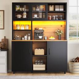 Merax Freestanding Wood Effect Tall Kitchen Pantry Cabinet with LED Light in Black - thumbnail 1