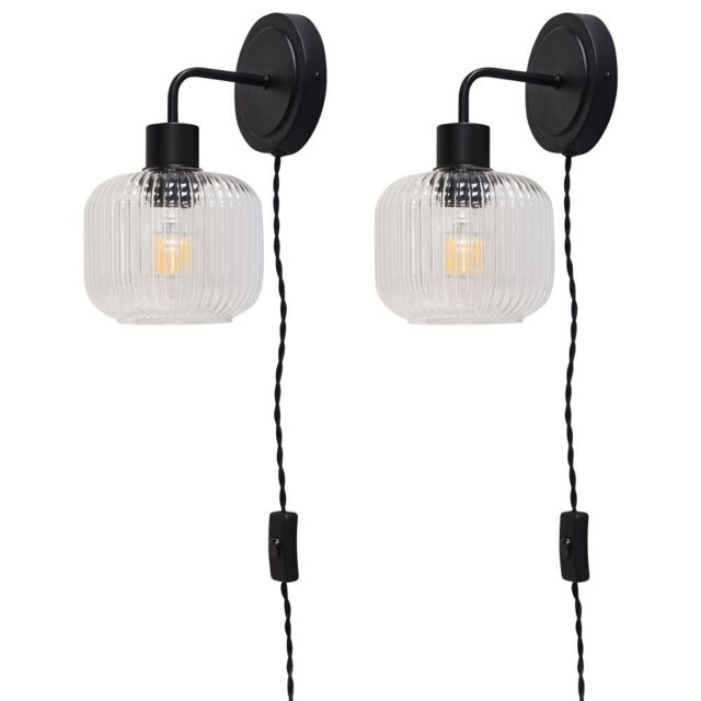 First Choice Lighting Set of 2 Toby - Black Plug in Wall Lights Ribbed Glass Shades - image 1