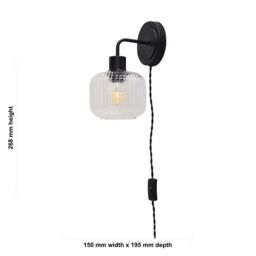 First Choice Lighting Set of 2 Toby - Black Plug in Wall Lights Ribbed Glass Shades - thumbnail 6
