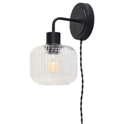 First Choice Lighting Set of 2 Toby - Black Plug in Wall Lights Ribbed Glass Shades - thumbnail 3