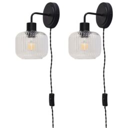 First Choice Lighting Set of 2 Toby - Black Plug in Wall Lights Ribbed Glass Shades - thumbnail 1