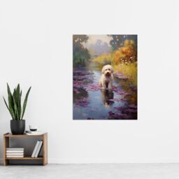 "Artery8 White Cockapoo Dog & Purple Water Irises Claude Monet Style Oil Painting Extra Large XL Unframed Wall Art Poster Print - Size: W24"" x H32""" - thumbnail 4