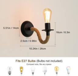 Goeco 2 Pieces Vintage Wall Lamp Industrial Style Hemp Rope Wall Lamp E27 in Black - thumbnail 2