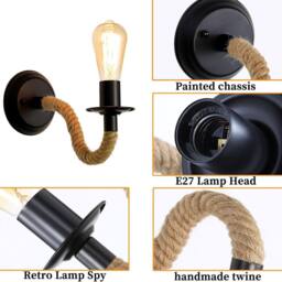 Goeco 2 Pieces Vintage Wall Lamp Industrial Style Hemp Rope Wall Lamp E27 in Black - thumbnail 3