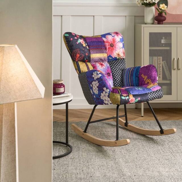 Wyld and Coco Multicolour Velvet Rocking Chair - Biscuit Tufted Light Wood Legs - image 1