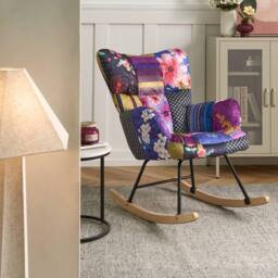 Wyld and Coco Multicolour Velvet Rocking Chair - Biscuit Tufted Light Wood Legs - thumbnail 1