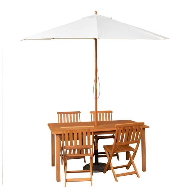 Samuel Alexander 4 Person Wooden Garden Dining Table Chairs with Cream Parasol & Base in Brown