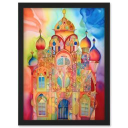 Artery8 Jewish Synagogue Decorated Building Vibrant Folk Art Watercolour Painting Artwork Framed Wall Art Print A4 in Black - thumbnail 1