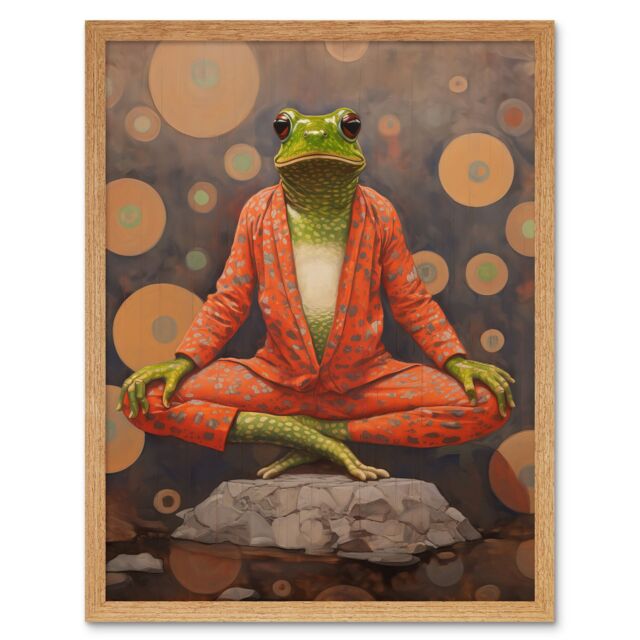 "Artery8 Wall Art Print The Enlightened Frog Meditation Yogi Conceptual Artwork Green Coral Pink Yoga Mindfulness Art Framed - Size: W12"" x H16""" - image 1