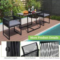 FLAVORA Gray Foldable Rattan Chair Table Set in Black - Size: 0.6m2 - thumbnail 3