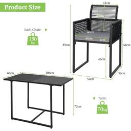 FLAVORA Gray Foldable Rattan Chair Table Set in Black - Size: 0.6m2 - thumbnail 2