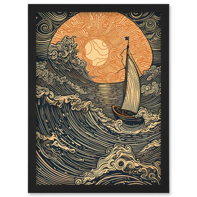 Artery8 Boat Sailing into the Sunset Linocut Illustration Artwork Framed Wall Art Print A4 in Black - image 1