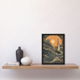 Artery8 Boat Sailing into the Sunset Linocut Illustration Artwork Framed Wall Art Print A4 in Black - thumbnail 2