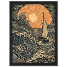 Artery8 Boat Sailing into the Sunset Linocut Illustration Artwork Framed Wall Art Print A4 in Black - thumbnail 1