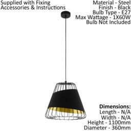 Loops Hanging Ceiling Pendant Light Black & Gold 1 x 60W E27 Hallway Feature Lamp - thumbnail 2