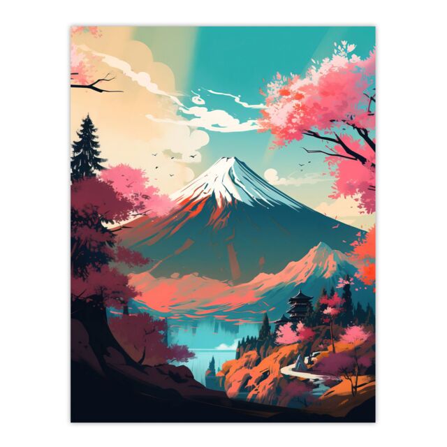 Artery8 Wall Art Print Mount Fuji View Through Cherry Blossom Trees Vibrant Painting Pink Orange Blue Path to Japan Temple on Tranquil Lake Landscape - image 1