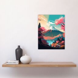 Artery8 Wall Art Print Mount Fuji View Through Cherry Blossom Trees Vibrant Painting Pink Orange Blue Path to Japan Temple on Tranquil Lake Landscape - thumbnail 4
