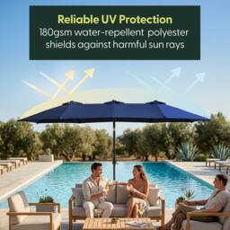 Keplin Double Garden Parasol with Base & Cover (4.5x2.7m), Polyester Canopy in Navy - thumbnail 3
