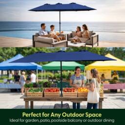 Keplin Double Garden Parasol with Base & Cover (4.5x2.7m), Polyester Canopy in Navy - thumbnail 7
