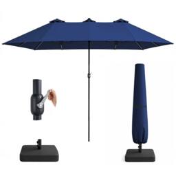 Keplin Double Garden Parasol with Base & Cover (4.5x2.7m), Polyester Canopy in Navy