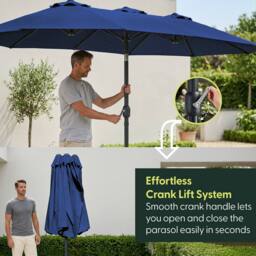 Keplin Double Garden Parasol with Base & Cover (4.5x2.7m), Polyester Canopy in Navy - thumbnail 4