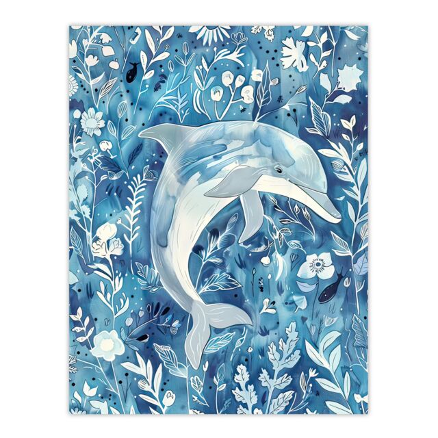 "Artery8 Dolphin in Blue Floral Pattern Watercolour Wall Art Print - Size: W24"" x H32""" - image 1