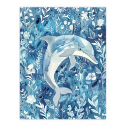 "Artery8 Dolphin in Blue Floral Pattern Watercolour Wall Art Print - Size: W24"" x H32""" - thumbnail 1