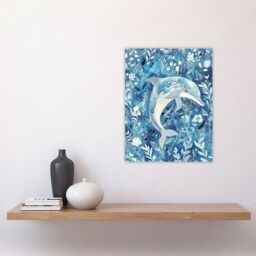 "Artery8 Dolphin in Blue Floral Pattern Watercolour Wall Art Print - Size: W24"" x H32""" - thumbnail 4