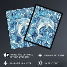 "Artery8 Dolphin in Blue Floral Pattern Watercolour Wall Art Print - Size: W24"" x H32""" - thumbnail 2