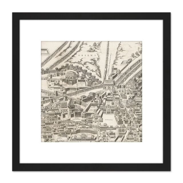 Artery8 Map Rome City Centre Roman Time 8X8 Inch Square Wooden Framed Wall Art Print Picture with Mount in Black - image 1