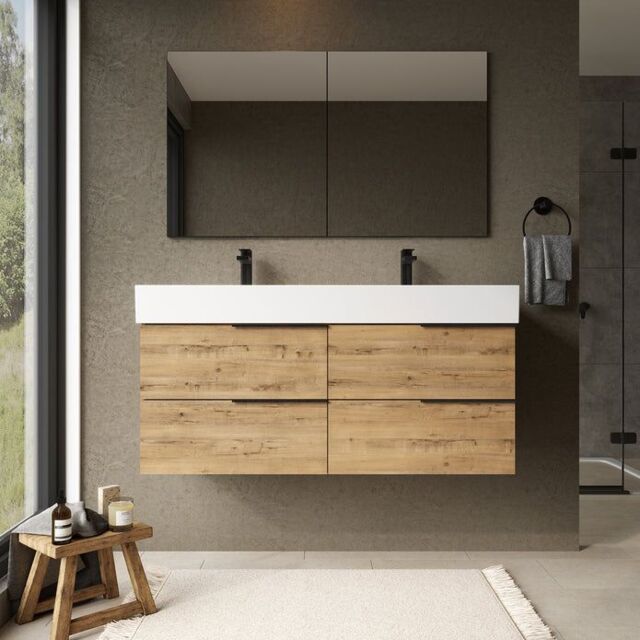 Banyetti Celtic 1200mm Wall Hung Bathroom Vanity Unit with Veneto 2 Tap Hole Basin - Ostippo Oak in Light Oak - image 1