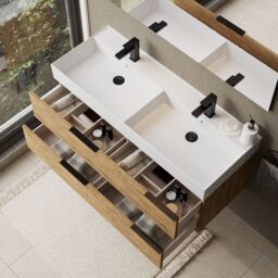 Banyetti Celtic 1200mm Wall Hung Bathroom Vanity Unit with Veneto 2 Tap Hole Basin - Ostippo Oak in Light Oak - thumbnail 5