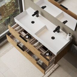 Banyetti Celtic 1200mm Wall Hung Bathroom Vanity Unit with Veneto 2 Tap Hole Basin - Ostippo Oak in Light Oak - thumbnail 4