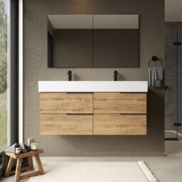 Banyetti Celtic 1200mm Wall Hung Bathroom Vanity Unit with Veneto 2 Tap Hole Basin - Ostippo Oak in Light Oak - thumbnail 1