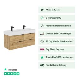 Banyetti Celtic 1200mm Wall Hung Bathroom Vanity Unit with Veneto 2 Tap Hole Basin - Ostippo Oak in Light Oak - thumbnail 2