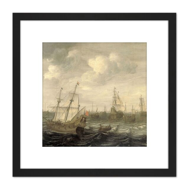 Artery8 Beelt Dutch Herring Fleet Under Sail Ship Painting 8X8 Inch Square Wooden Framed Wall Art Print Picture with Mount in Black - image 1