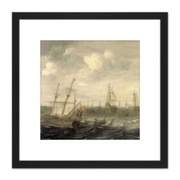 Artery8 Beelt Dutch Herring Fleet Under Sail Ship Painting 8X8 Inch Square Wooden Framed Wall Art Print Picture with Mount in Black - thumbnail 1