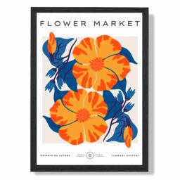 ARTZE Orange & Blue Cosmos Flower Market Exhibition Framed Print SIZE: A3 with Black Frame - Size: A4