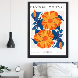 ARTZE Orange & Blue Cosmos Flower Market Exhibition Framed Print SIZE: A3 with Black Frame - Size: A4 - thumbnail 2