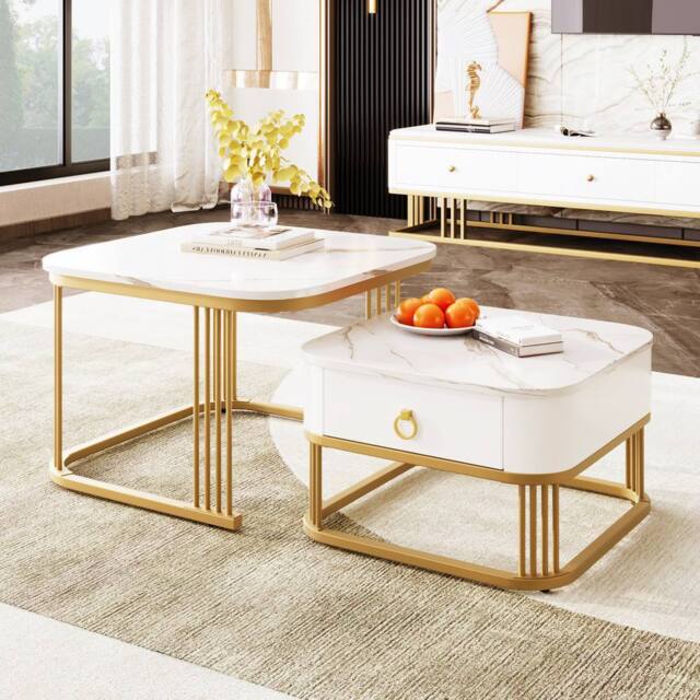 BTM Set of 2 Nesting Tables, High-Gloss Marble with Drawer in White - image 1
