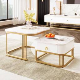 BTM Set of 2 Nesting Tables, High-Gloss Marble with Drawer in White - thumbnail 1
