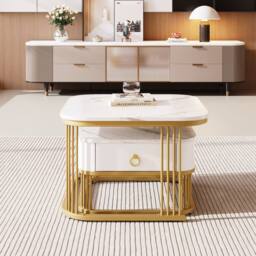 BTM Set of 2 Nesting Tables, High-Gloss Marble with Drawer in White - thumbnail 8