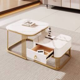 BTM Set of 2 Nesting Tables, High-Gloss Marble with Drawer in White - thumbnail 7