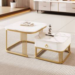 BTM Set of 2 Nesting Tables, High-Gloss Marble with Drawer in White - thumbnail 5