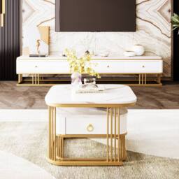 BTM Set of 2 Nesting Tables, High-Gloss Marble with Drawer in White - thumbnail 2