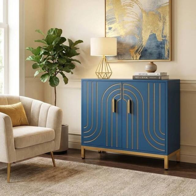VOGREX Accent Cabinet 2-Door Storage Sideboard Adjustable Shelf Living Room in Navy - image 1