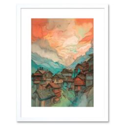 Artery8 Wall Art Print Pink Dawn Atmospheric Clouds Over Small Mountain Village in the Alps Modern Watercolour Painting Artwork Framed 9X7 Inch - thumbnail 1
