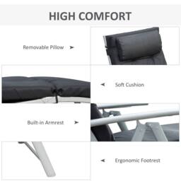OUTSUNNY Sun Lounger Steel Frame Outdoor Folding Chaise Texteline Lounge Chair Recliner with Headrest & 7 Levels Adjustable Backrest in Black - thumbnail 5