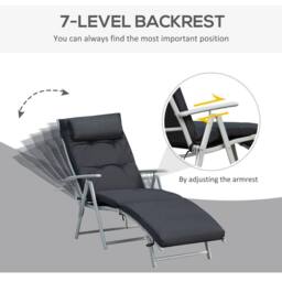 OUTSUNNY Sun Lounger Steel Frame Outdoor Folding Chaise Texteline Lounge Chair Recliner with Headrest & 7 Levels Adjustable Backrest in Black - thumbnail 4
